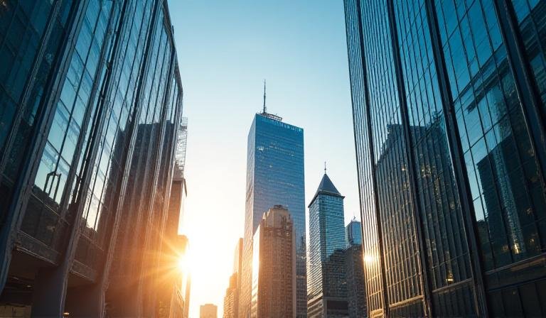 Modern financial district with abstract geometric framing